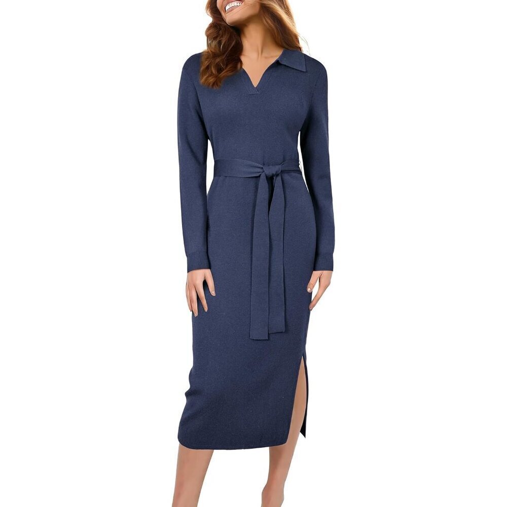 Womens Wool Blend Midi Dress Long Sleeve Work Casual Office Fit